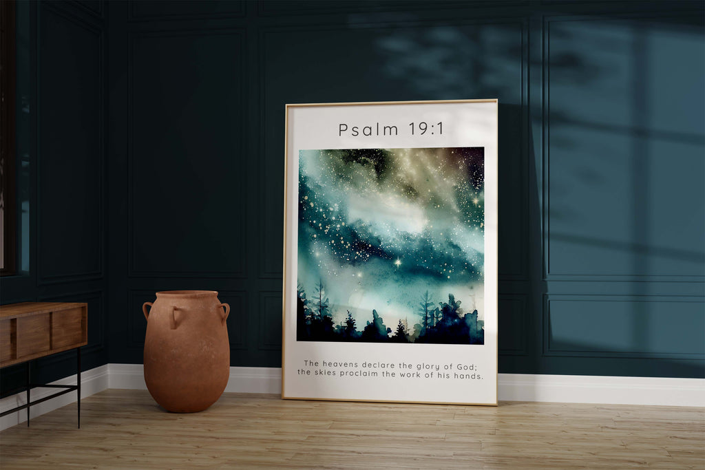 Celestial-inspired wall art with Psalm 19 1 reference, Christian home decor with "The Heavens Declare" theme