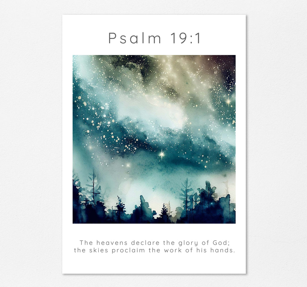 Watercolor night sky with "The Heavens Declare" quote, Christian home accents: Psalm 19 1 starry night print, christian sky print