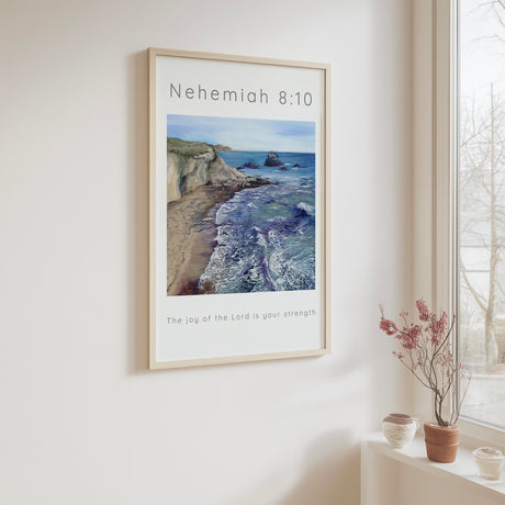 Beach scene Christian artwork featuring a strength and joy verse from Nehemiah.