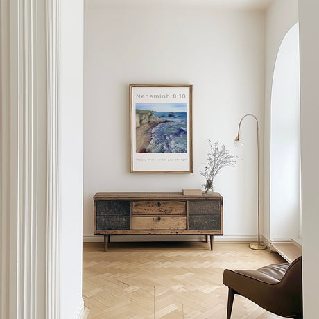 Encouraging Christian gift print showing sea and cliffs with Nehemiah scripture.