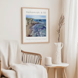 Nehemiah 8:10 Christian print of ocean waves and rocky coastline.