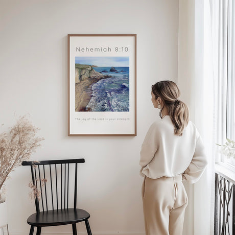 Blue beach wall art with Bible verse about joy and strength from the Lord.