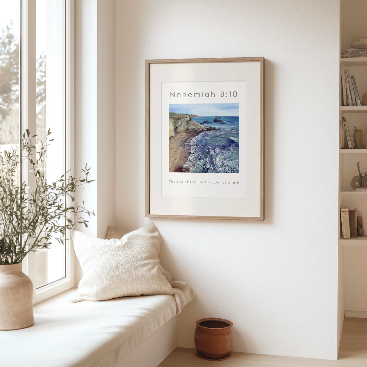 Christian print with Nehemiah 8:10 and coastal beach scene in blue tones.