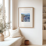 Christian print with Nehemiah 8:10 and coastal beach scene in blue tones.