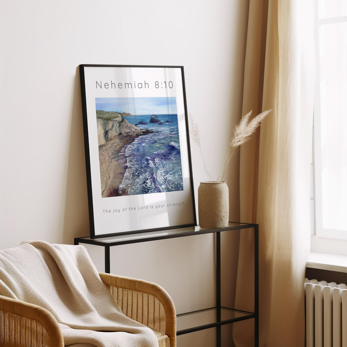 Scripture print of beach and cliffs with "The joy of the Lord is your strength" verse.