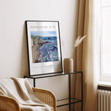 Scripture print of beach and cliffs with "The joy of the Lord is your strength" verse.