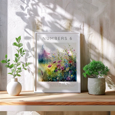 Floral meadow Scripture art print with uplifting Bible verse from Numbers 6:24-26, perfect for Christian home decor.