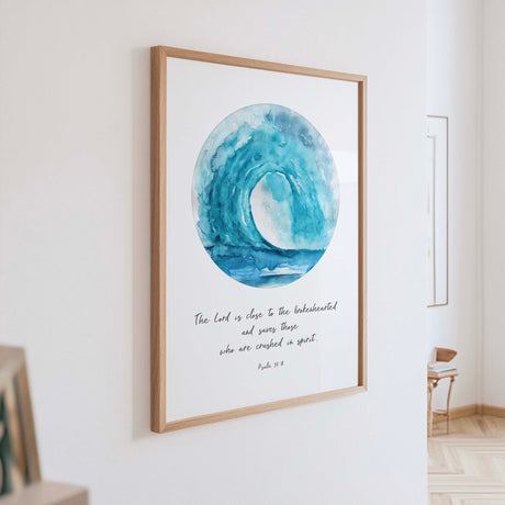 Watercolour circle wave Bible verse print reminding viewers of God's comfort and presence during hard times.