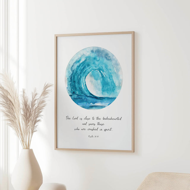 Christian wall art with turquoise wave design and Psalm 34:18 scripture in elegant typography.