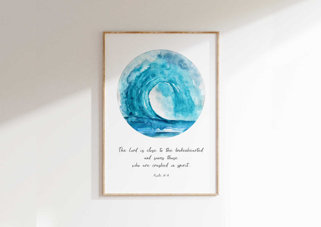 Christian home decor with Psalm 34:18, Bible verse print for broken hearts, Turquoise wave artwork with encouraging Scripture