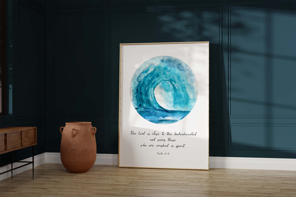 Faith-based wall art with Psalm 34:18, Watercolor print of 'The Lord is Close to the Brokenhearted', Psalm 34:18 christian art print