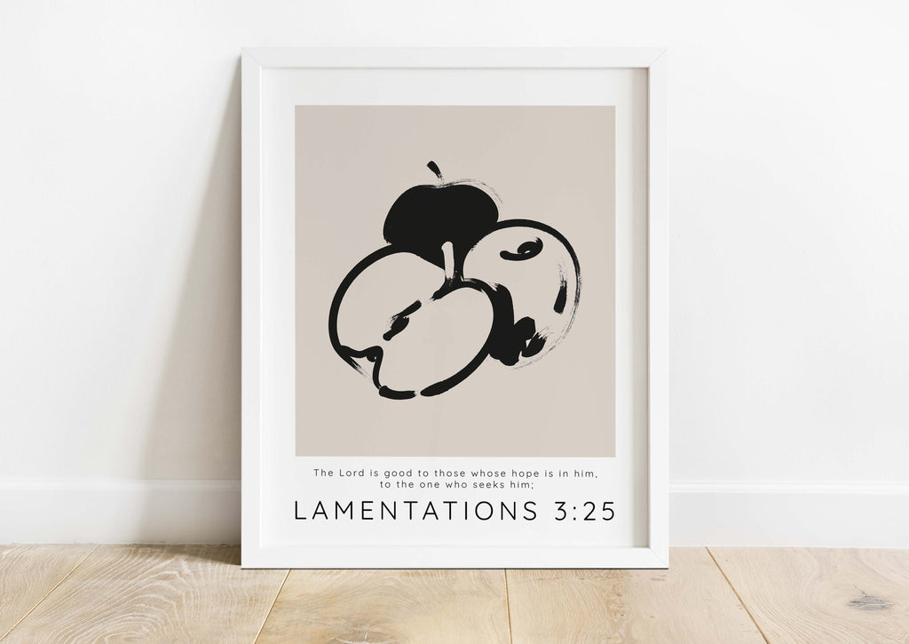 Christian wall decor, beige and black apples, faith-inspired, Bible quote artwork, Lamentations 3:25, modern Christian style