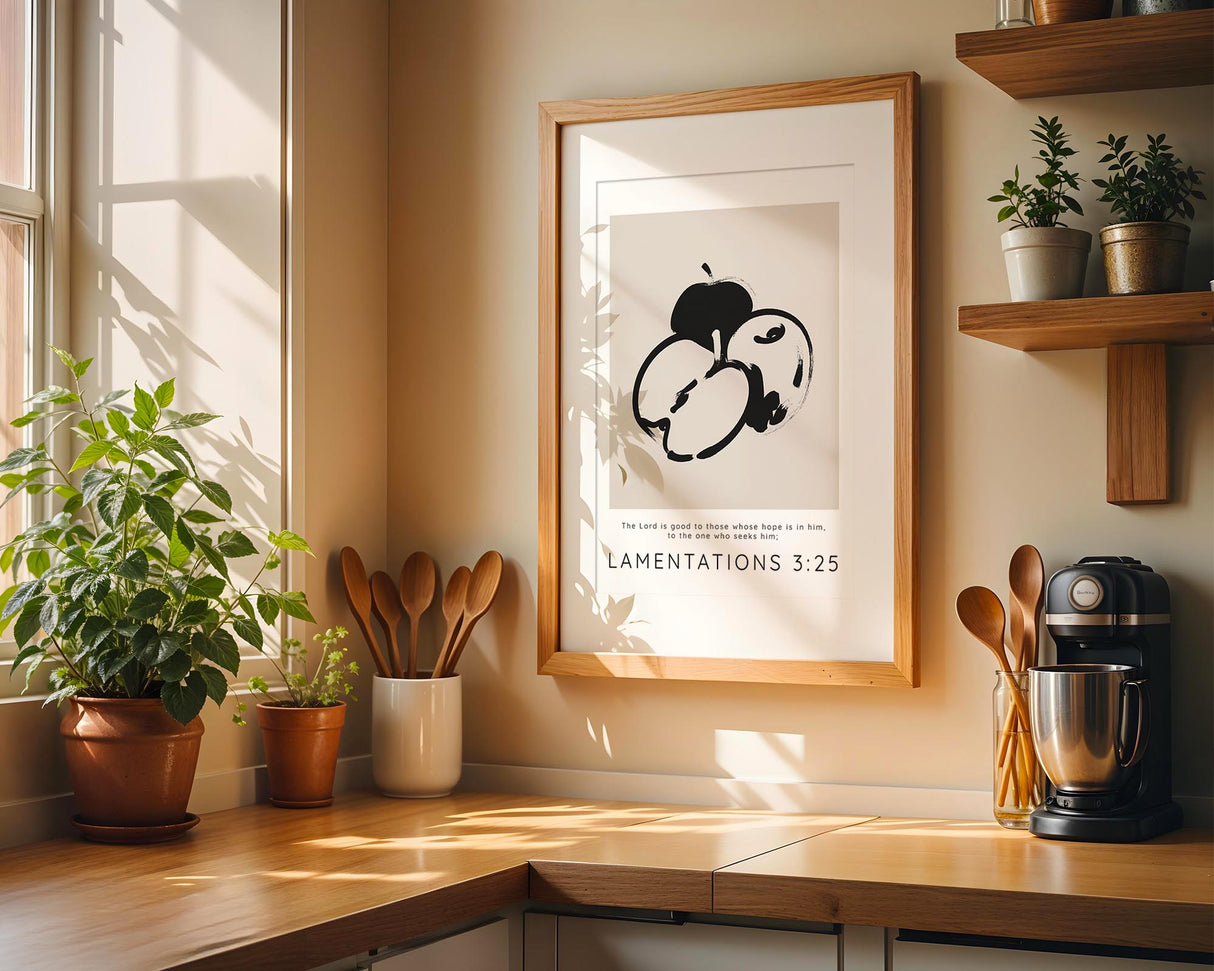 The Lord Is Good minimalist scripture wall art in beige with black apple design and inspirational Bible verse. Elegant beige Bible verse print with black apples and Lamentations 3:25 quote for spiritual reflection.