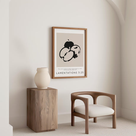 Modern Christian artwork with "The Lord Is Good To Those Whose Hope Is In Him" in neutral minimalist style. Inspiring Christian decor print with hope-themed scripture from Lamentations 3:25 and simple apple motif.
