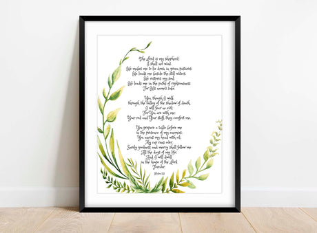 Botanical arrangement around Psalm 23 verse print, Ethereal botanicals complementing Psalm 23 scripture, Botanical Psalm 23 art