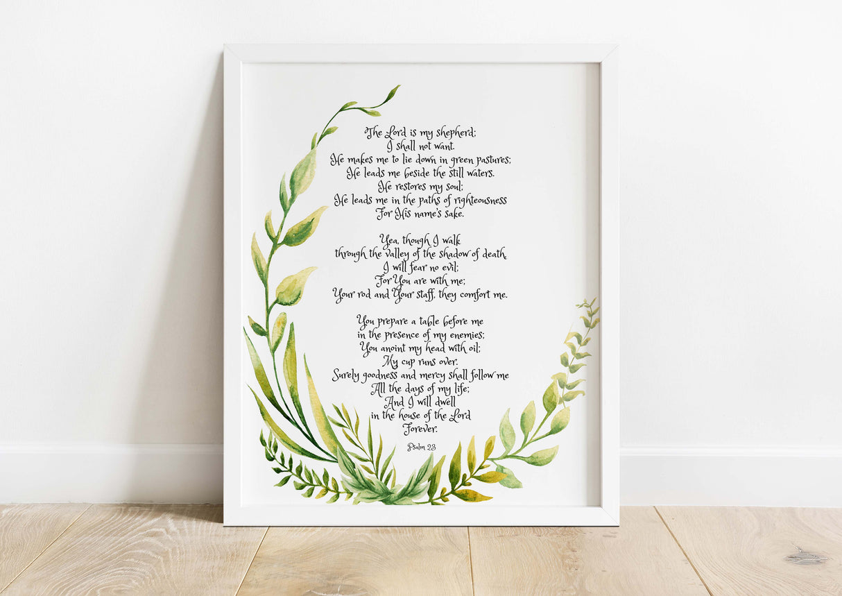 Psalm 23 verse print with delicate leaves, Biblical verse art with botanical accents, Christian home decor with Psalm 23 and greenery