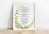 Psalm 23 verse print with delicate leaves, Biblical verse art with botanical accents, Christian home decor with Psalm 23 and greenery