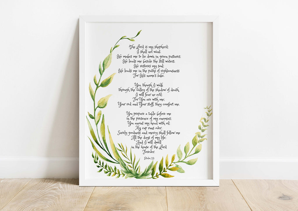 Psalm 23 verse print with delicate leaves, Biblical verse art with botanical accents, Christian home decor with Psalm 23 and greenery