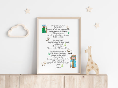 Bible verse print for kids - Psalm 23, Psalm 23 nursery wall art with shepherds, Kids Bible verse print - The Lord is my shepherd