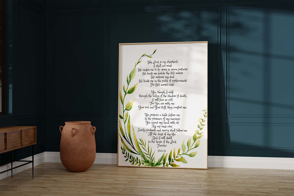 Bible verse art with floral Psalm 23 design, Nature-inspired Psalm 23 scripture print, Elegant botanical Psalm 23 wall decor