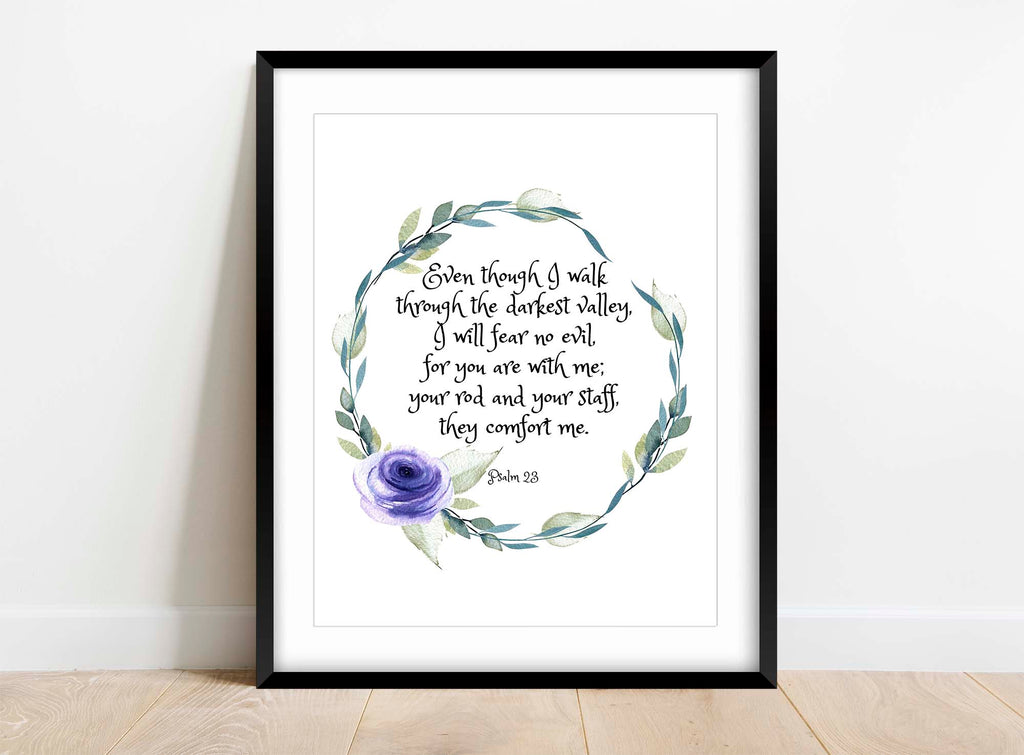 Elegant floral wall art with scripture Psalm 23:4, Delicate floral wreath decor for darkest valley verse