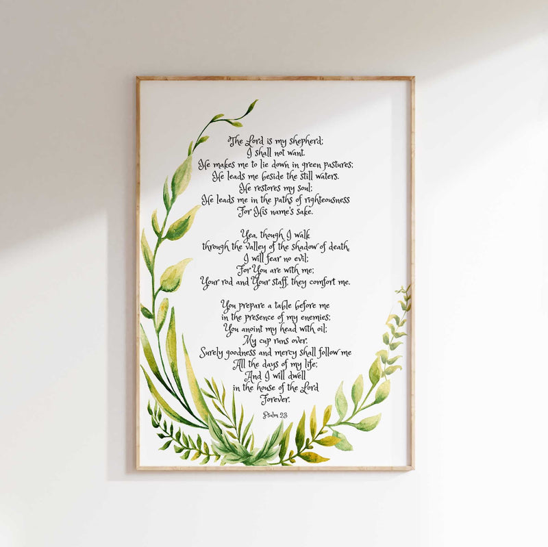 The Lord is My Shepherd Psalm 23 Wall Art Print, Botanical Christian B ...