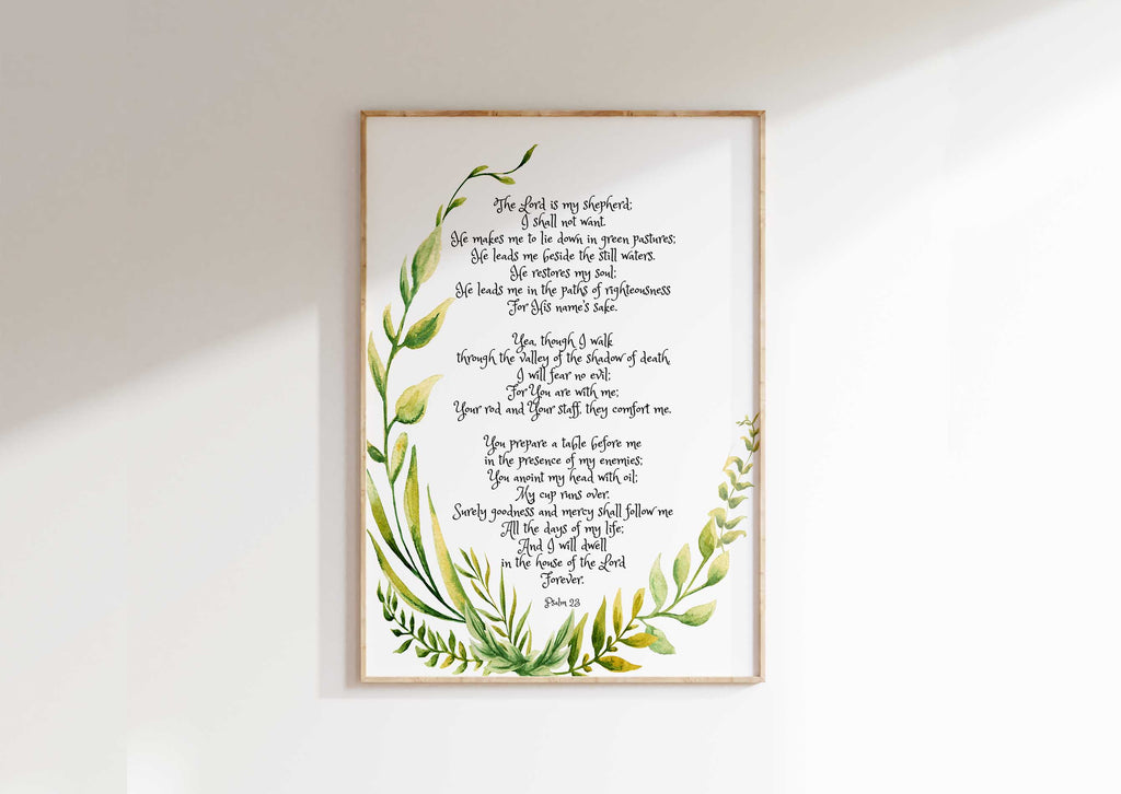 Psalm 23 Wall Art, The Lord is My Shepherd Print, botanical Bible Verse Print, Psalm 23 botanical print with lush greenery