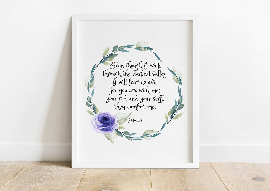Christian home decor with comforting Psalm 23:4, Serene floral print with Bible verse for home, Psalm 23:4 art