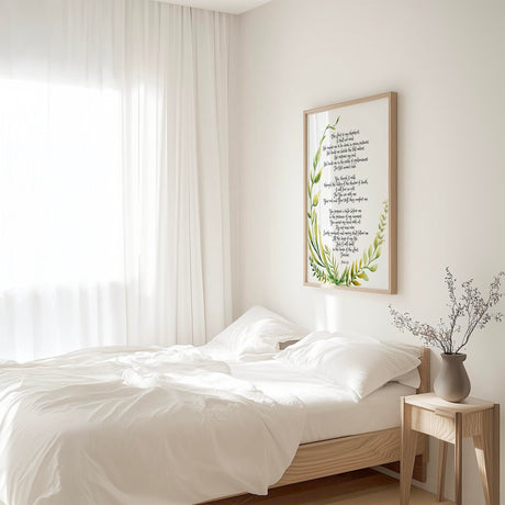 Psalm 23 Bible verse art print with green botanical illustrations and elegant Christian scripture.