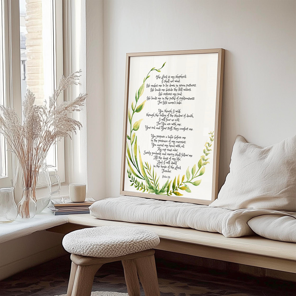 Botanical faith-inspired Christian decor print featuring Psalm 23 for home or office.