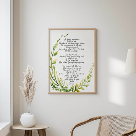 Inspiring Bible verse wall art with lush green botanical details and Psalm 23 message.