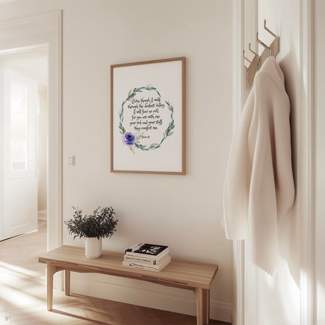 Minimalist floral wreath Bible verse print with Psalm 23 4 about fearlessly walking through dark valleys.