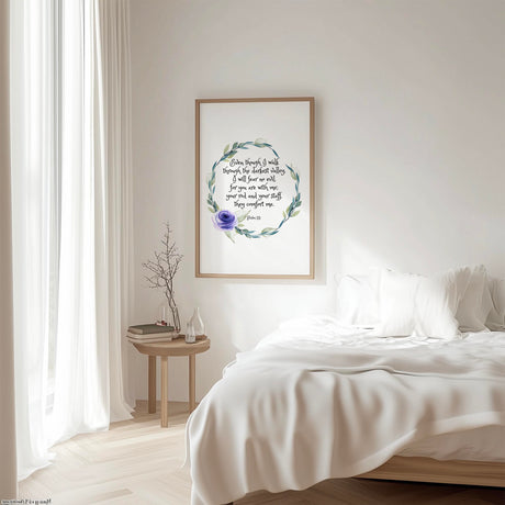 Christian wall art with delicate flower wreath and comforting words from Psalm 23 4 in soft tones.