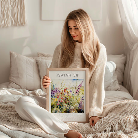 Bible verse poster with floral meadow artwork and scripture from Isaiah 58:11 about divine guidance and strength.