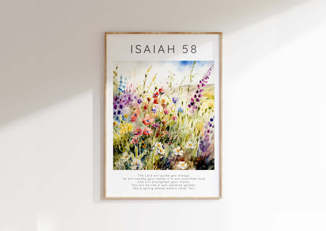 The Lord Will Guide You Bible Verse Poster, Isaiah 58 Wildflower Art, Wildflower meadow Isaiah 58:11 wall art