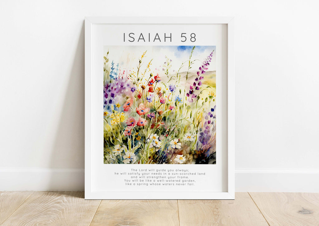 Serene flower meadow scripture art piece, Uplifting wall print for spiritual reflection, Christian home print with blooming flowers