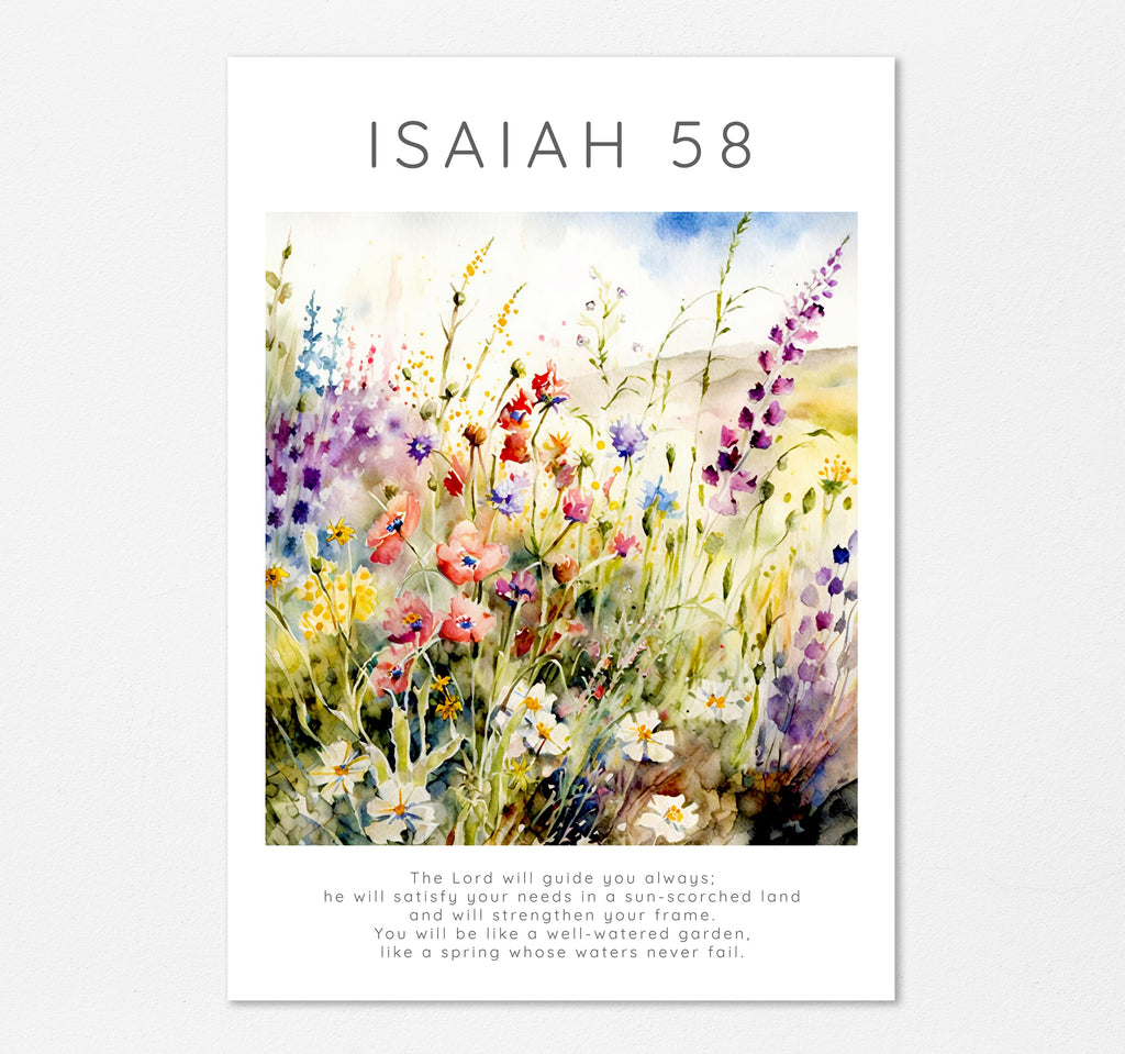 The Lord Will Guide You Bible Verse Poster, Isaiah 58 Wildflower Art, Wildflower meadow Isaiah 58:11 wall art
