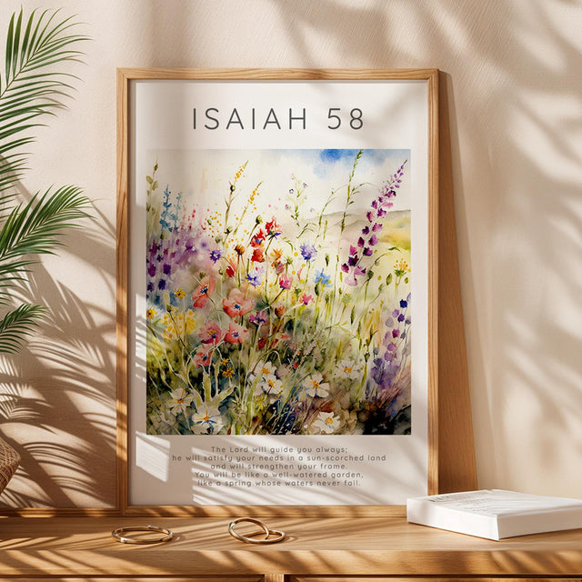 Christian wall art print with Isaiah 58:11, featuring a serene flower meadow and the verse “The Lord will guide you always” at the bottom.
