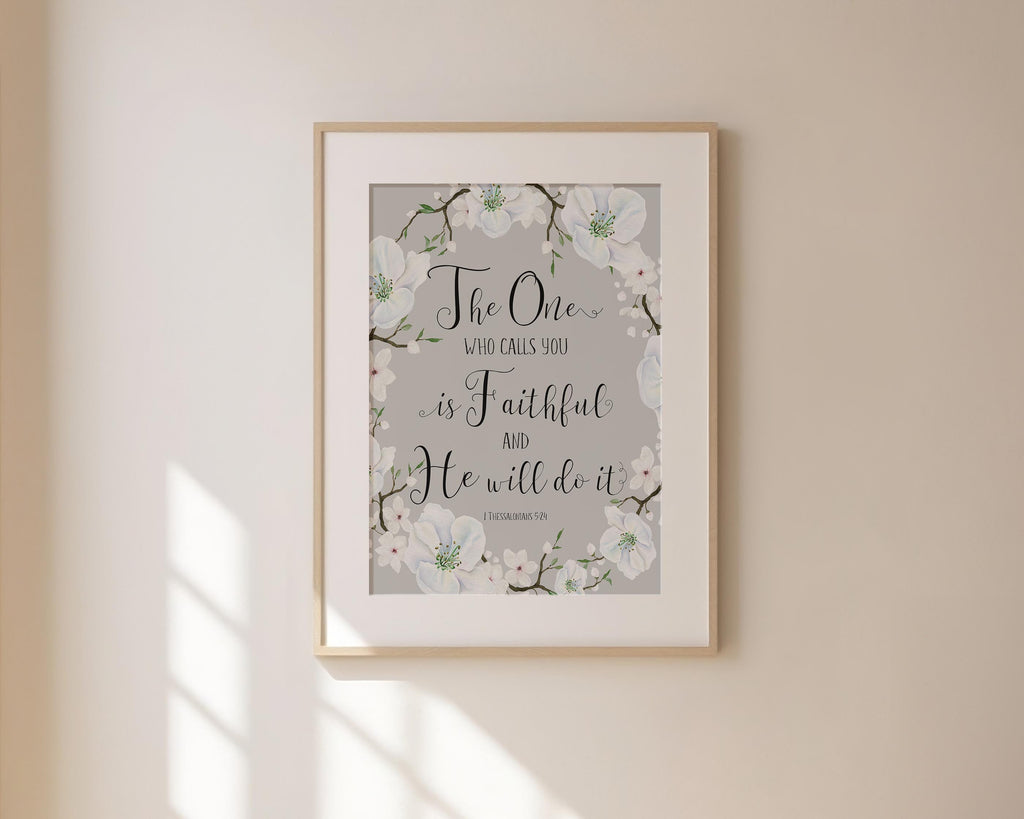 Inspirational Bible verse wall decor, Encouraging quote print for home decoration, Grey and white floral wall art with biblical quote