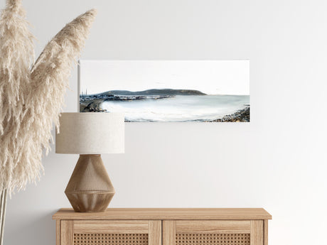 Swanage Pier oil painting featuring shimmering gold leaf accents along the pier and water reflections.