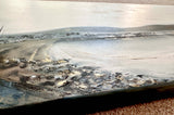 Beautiful oil painting of Swanage Pier with soft colours and shimmering golden accents.