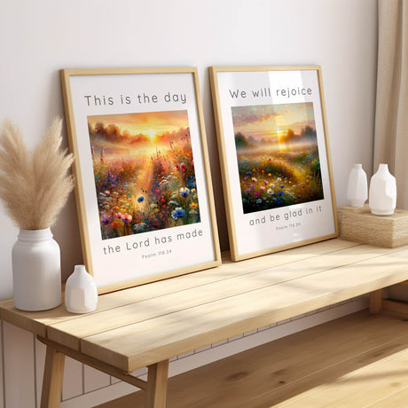 Christian wall art set with Psalm 118:24 verses and sunrise meadow scenes in yellow and orange tones.