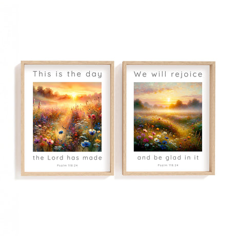 Inspiring Christian decor set featuring joyful Psalm 118:24 scripture on peaceful meadow backgrounds.