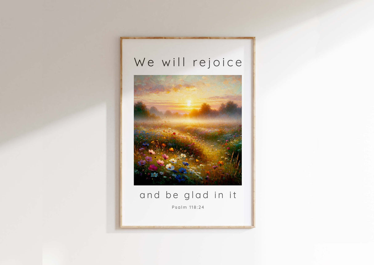 Christian wall art with Psalm 118:24 in a meadow at sunrise, ideal as a gift.