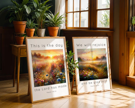 Beautiful Bible verse wall art set with a warm yellow and orange sunrise over a meadow, featuring Psalm 118:24: "This is the day the Lord has made."