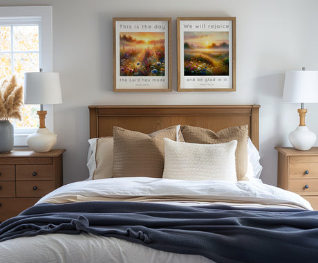 Serene Bible verse wall art set with peaceful meadow imagery and the encouraging words from Psalm 118:24, "We will rejoice and be glad in it."