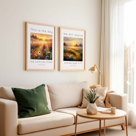 Bible verse wall art set featuring two prints with a serene sunrise meadow scene and Psalm 118:24 for daily inspiration and encouragement.