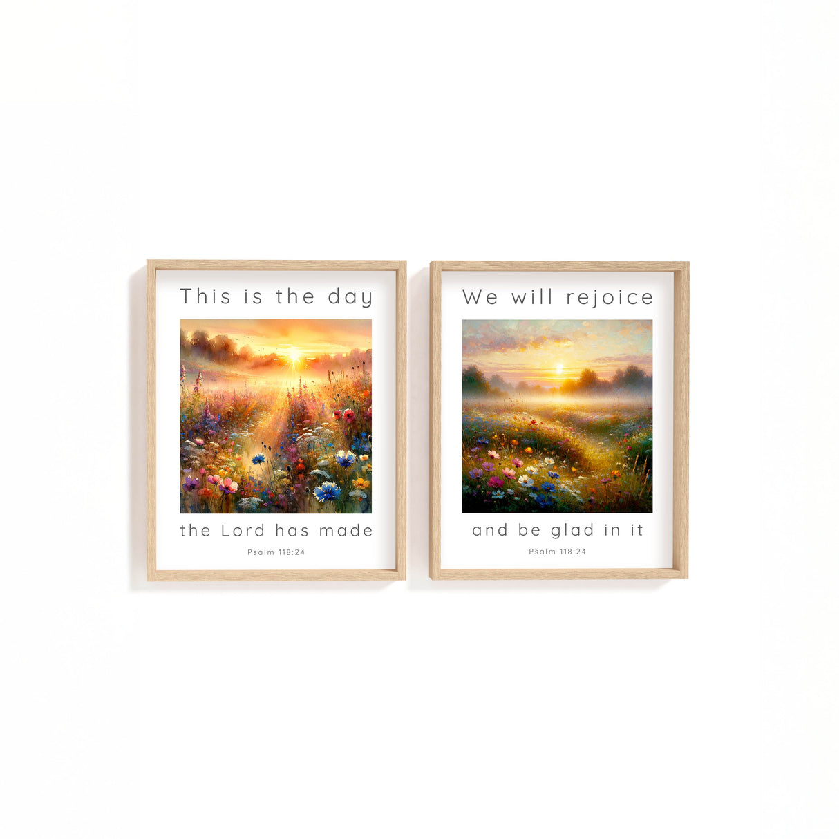 Inspiring Christian decor set featuring joyful Psalm 118:24 scripture on peaceful meadow backgrounds.