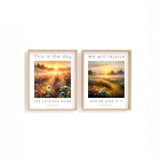 Inspiring Christian decor set featuring joyful Psalm 118:24 scripture on peaceful meadow backgrounds.