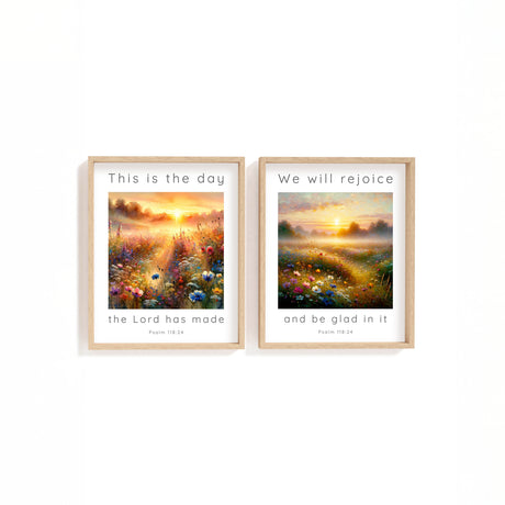 Inspiring Christian decor set featuring joyful Psalm 118:24 scripture on peaceful meadow backgrounds.